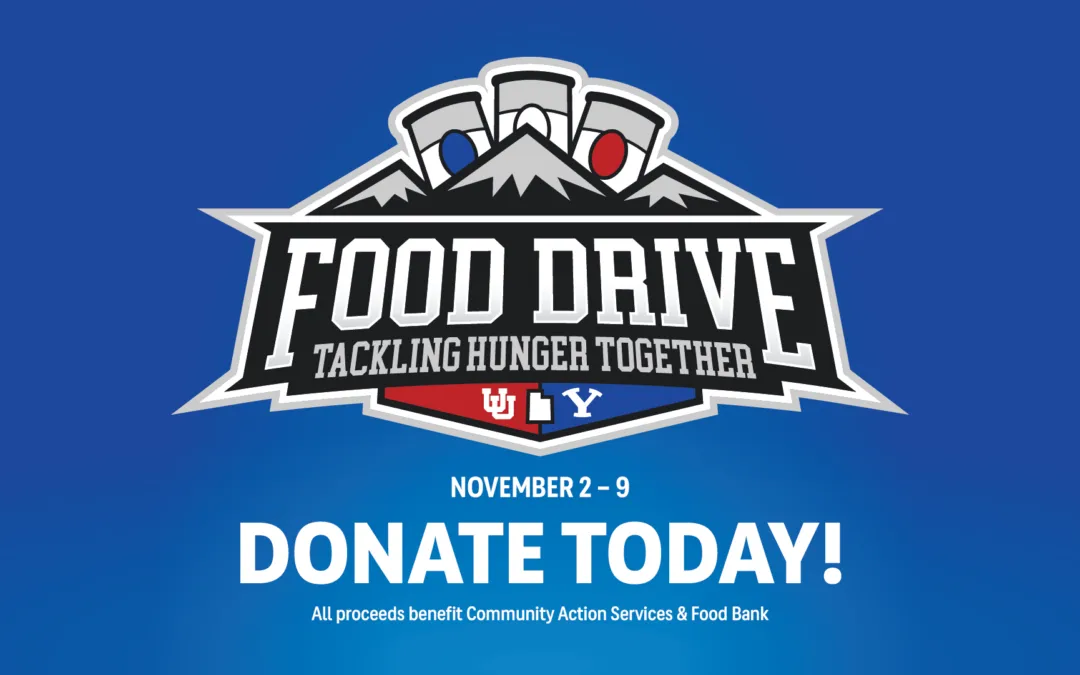 Football food drive logo with red and blue cans, blue background