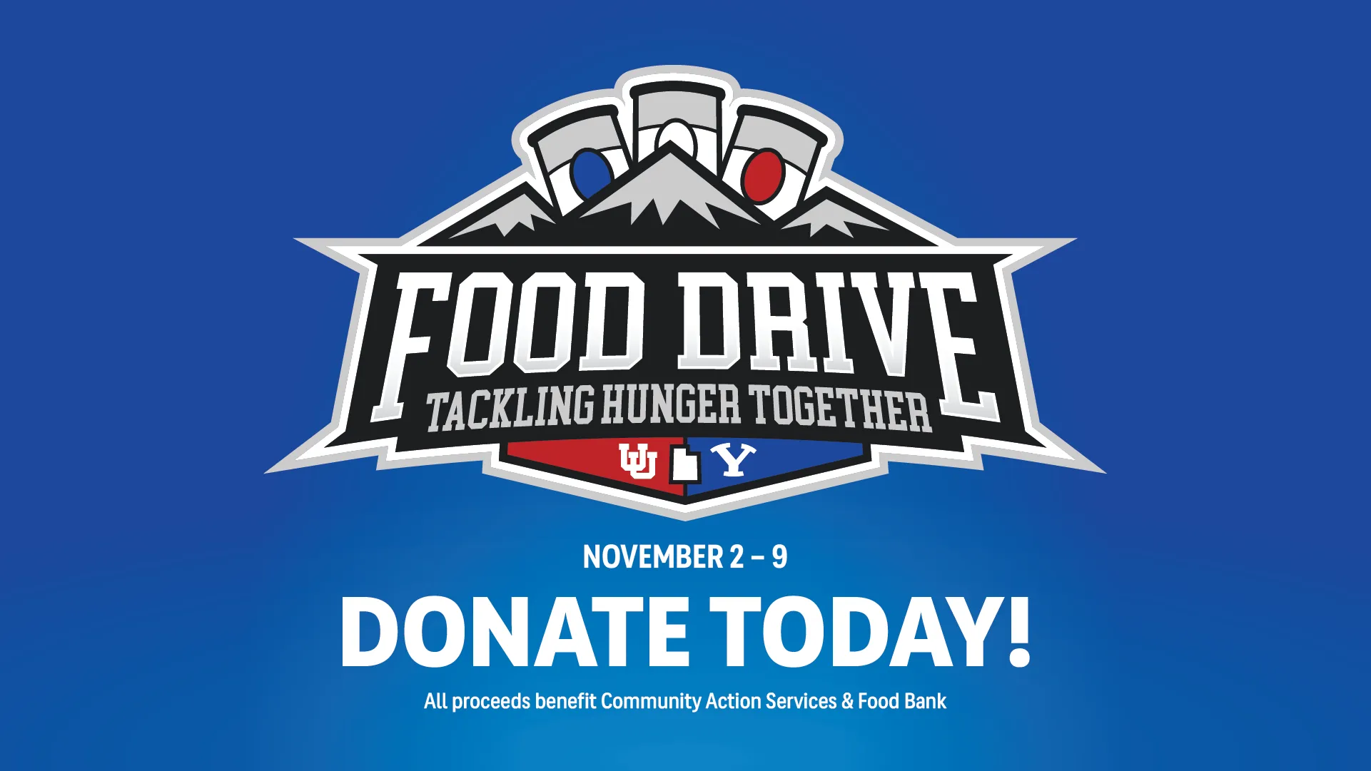 Football food drive logo with red and blue cans, blue background